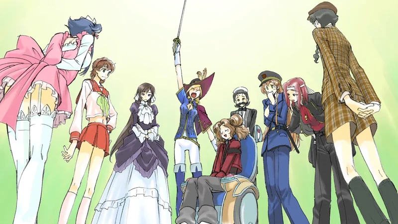 An illustration of nine female characters from the anime series Code Geass, viewed from a low angle, with one character in the center holding a sword aloft.