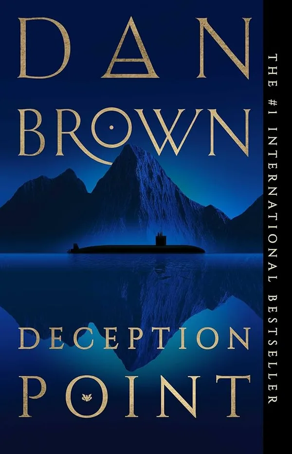 The cover of the book Deception Point by Dan Brown, featuring a submarine in dark blue water beneath a mountain range, with gold text.