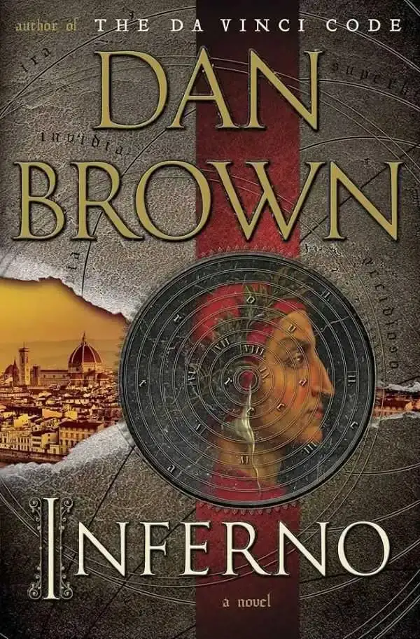 Cover of the novel Inferno by Dan Brown, featuring a modified image of Botticelli's Map of Hell incorporating a human face, set against a backdrop of the Florence skyline.