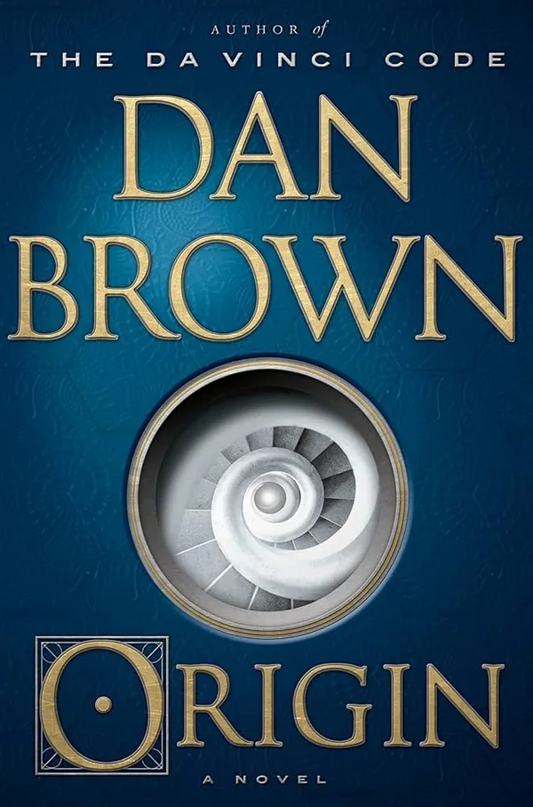 The cover of the novel Origin by Dan Brown, featuring the author's name and title in gold lettering on a blue background, with a central spiral graphic.