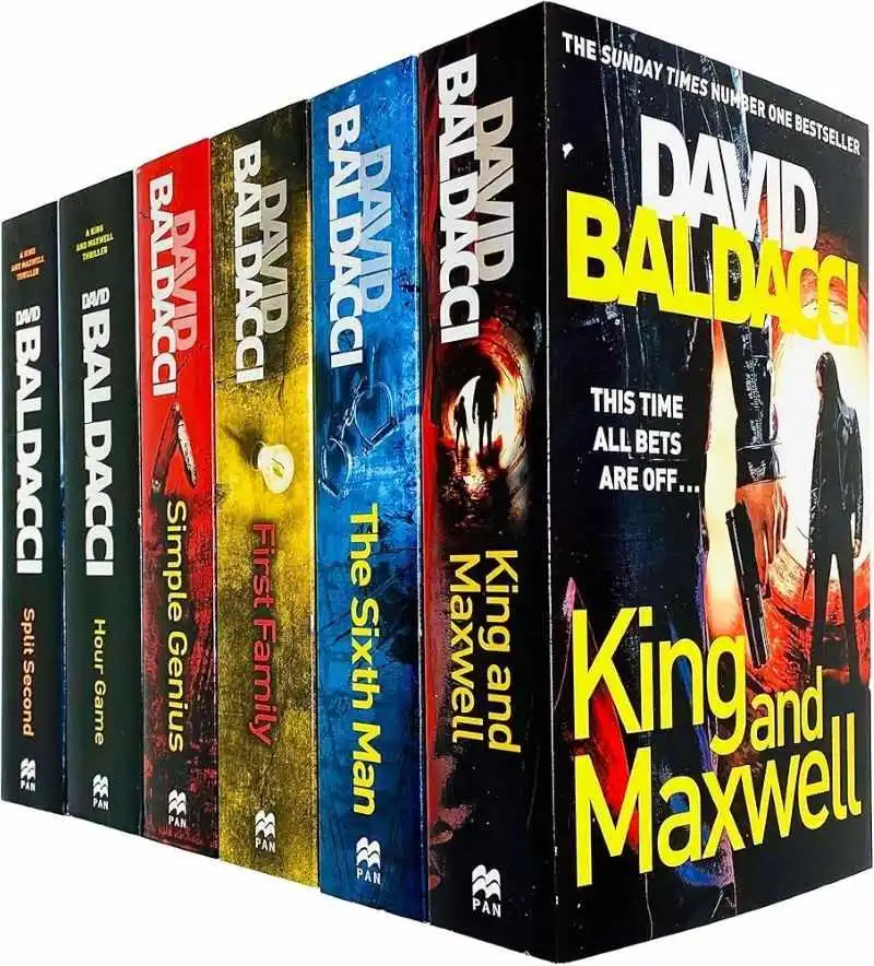 A collection of six paperback books by David Baldacci from the King and Maxwell series, including the titles Split Second, Hour Game, Simple Genius, First Family, The Sixth Man, and King and Maxwell.