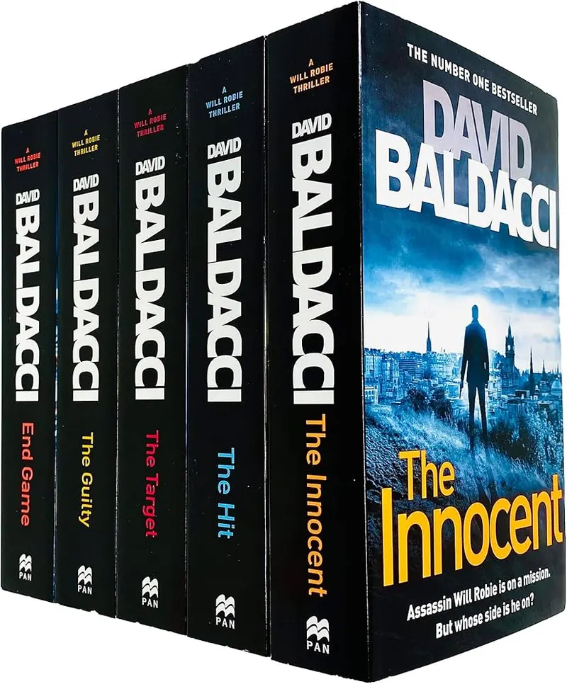 A box set of five paperback books from the David Baldacci Will Robie thriller series, including the titles End Game, The Guilty, The Target, The Hit, and The Innocent.