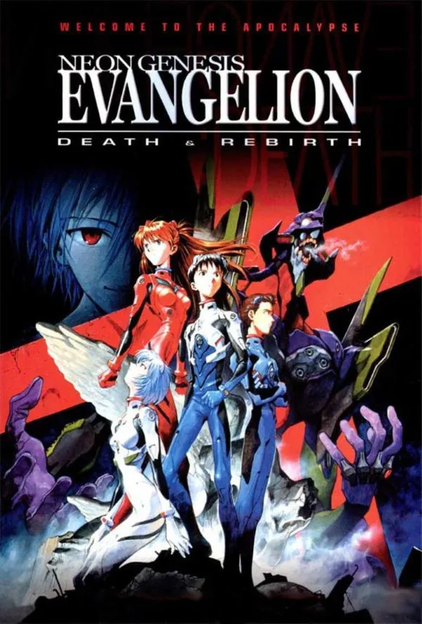 A movie poster for "Neon Genesis Evangelion: Death & Rebirth" featuring main characters Shinji Ikari, Asuka Langley Soryu, Rei Ayanami, and others alongside large mecha units (Evangelions) in an action-oriented composition with a dark, apocalyptic background. The title and tagline "Welcome to the Apocalypse" are prominently displayed. 