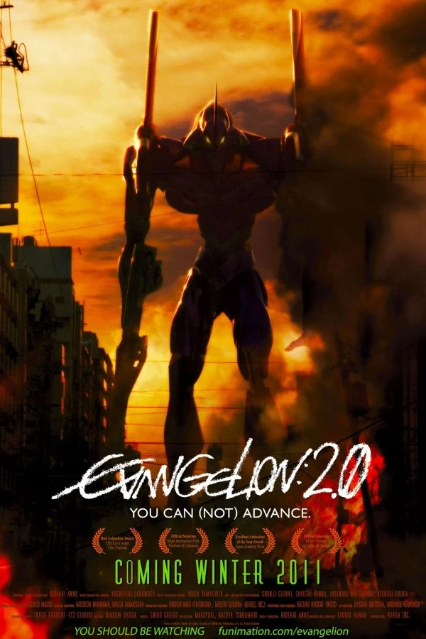 Description: A movie poster for Evangelion: 2.0 You Can (Not) Advance. Visuals: The image depicts a large, purple, bipedal robot (Evangelion Unit-01) standing in an urban environment with bright orange lighting.