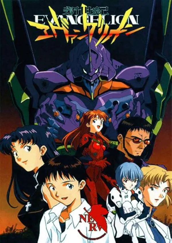 A promotional image for the anime series Neon Genesis Evangelion, featuring the main cast in the foreground and the large, purple Evangelion Unit 01 in the background.