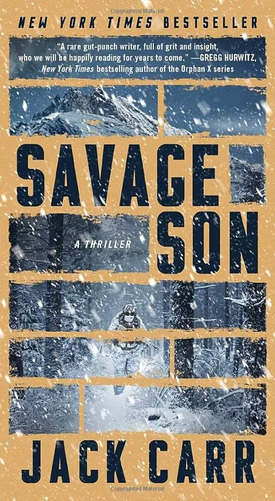 Book cover for the thriller 'Savage Son' by Jack Carr, featuring a snow-covered, fragmented design showing a person in winter gear in a snowy forest, with mountain peaks visible at the top.
