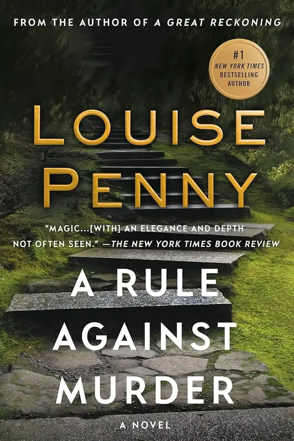 Book cover for 'A Rule Against Murder' by Louise Penny, previously published as 'The Murder Stone', featuring a stone staircase on a mossy hillside.
