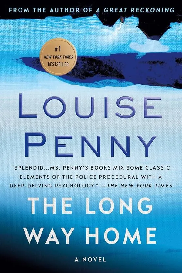 Book cover for The Long Way Home by Louise Penny. The cover has an abstract design primarily in shades of blue and white, resembling water or a landscape. Text on the cover includes the author's name, the title "THE LONG WAY HOME", a "A NOVEL" subtitle, a "FROM THE AUTHOR OF A GREAT RECKONING" tagline, a "New York Times Bestseller" badge, and a quote from The New York Times. 
