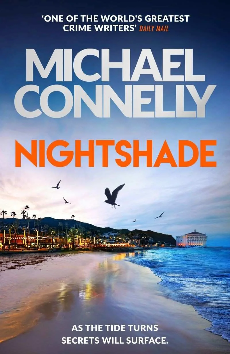 "Book cover for 'Nightshade' by Michael Connelly, featuring a beach scene at dusk with text overlay."