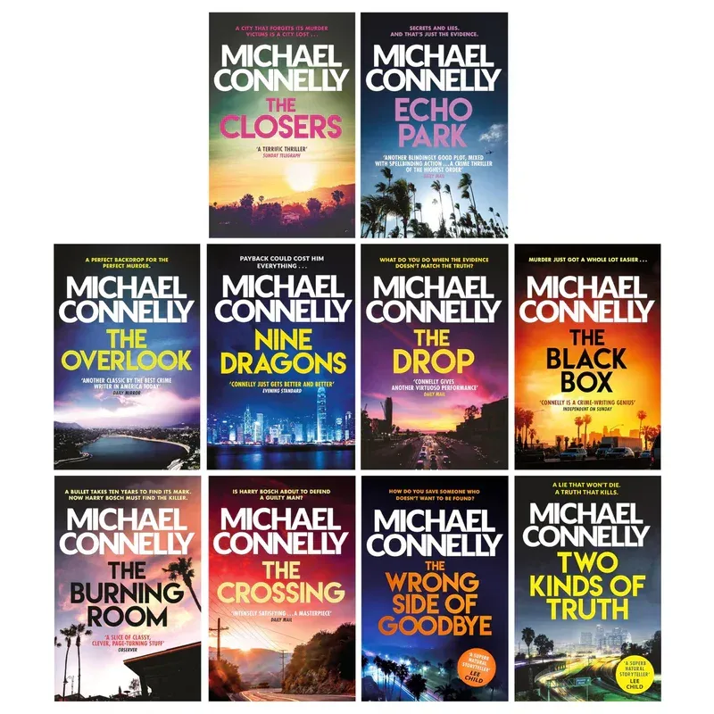 An image displaying a collection of ten Michael Connelly novel covers, arranged in two rows of five. 