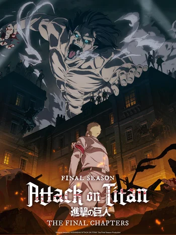 A promotional poster for the anime series Attack on Titan: The Final Season. The image features a large, roaring Attack Titan looming over a cityscape in the background. In the foreground, a character wearing a Survey Corps uniform stands on a rooftop looking forward. Text on the image reads "FINAL SEASON", "Attack on Titan", and "THE FINAL CHAPTERS". 