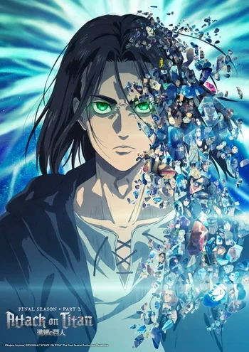 Subject: The central figure is Eren Yeager, who has long dark hair and striking green eyes. Composition: The image is a promotional poster for Attack on Titan Final Season Part 2. The right portion of Eren's body is shown dissolving into a mosaic of small images featuring other characters from the series. Background and Text: The background is a dynamic swirl of blue and green colors. The title "Attack on Titan" and "FINAL SEASON PART 2" text is visible in the bottom left corner.