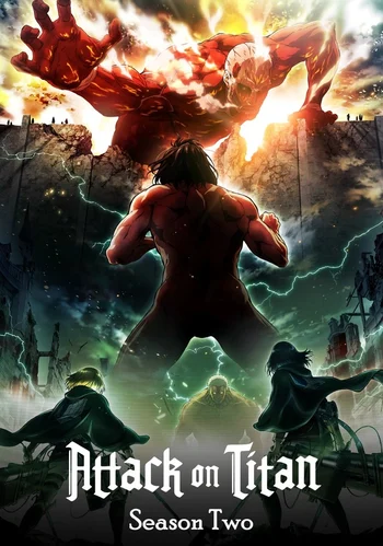 A promotional poster for the anime series Attack on Titan Season Two. The image depicts a large, skinless, muscular red Titan looming over a broken wall, with bright light behind it. In the foreground, the main protagonist, Eren Yeager, is shown in his Titan form, facing away from the viewer towards the looming Titan. Below them, smaller figures of Survey Corps members, including Mikasa Ackerman and Levi Ackerman, are visible in battle gear with their omni-directional mobility gear. The title "Attack on Titan" and "Season Two" text is at the bottom of the image. 