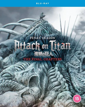 Blu-ray cover for "Attack on Titan: The Final Season - The Final Chapters," featuring a large, skeletal, and partially destroyed Titan body with a small figure standing on its spine, set against a cloudy sky. The cover has a blue top banner with "BLU-RAY" text and a red "15" age rating logo in the bottom right corner. 
