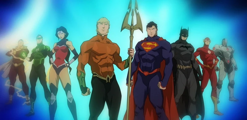This image is a promotional still from the animated movie Justice League: Throne of Atlantis. Description: The image features eight members of the Justice League standing side-by-side against a bright blue background. Characters: From left to right, the characters appear to be Cyborg, Green Lantern, Wonder Woman, Aquaman (holding a trident), Superman, Batman, The Flash, and another armored hero (potentially the same character as the first Cyborg or a variation of him). Style: The characters are drawn in the distinct animation style of the DC Animated Movie Universe.
