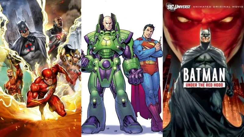 A collage of three DC films - Justice League: The Flashpoint Paradox, Superman: Man of Tomorrow, and Batman: Under the Red Hood