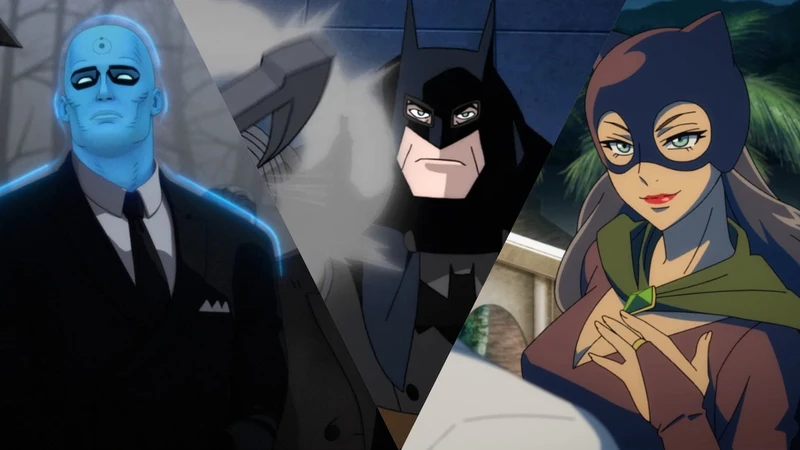 A collage of three films - Watchmen: Chapter I, Batman: Gotham by Gaslight, and Catwoman: Hunted
