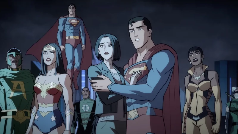 An animated scene featuring several superheroes standing together. Prominent characters include Superman, Wonder Woman, and Green Lantern, alongside several other male and female characters in various costumes, against a dark, urban background.
