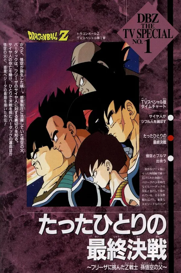 An image of the cover art for the Dragon Ball Z TV special, "Bardock – The Father of Goku". The image features several Saiyan characters, including Bardock, the father of the main character Goku, who is a low-ranking Saiyan soldier. 
