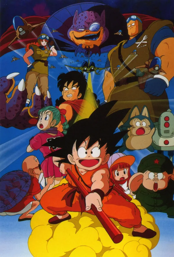 A colorful promotional poster for the anime film Dragon Ball: Curse of the Blood Rubies, featuring the main cast of characters.