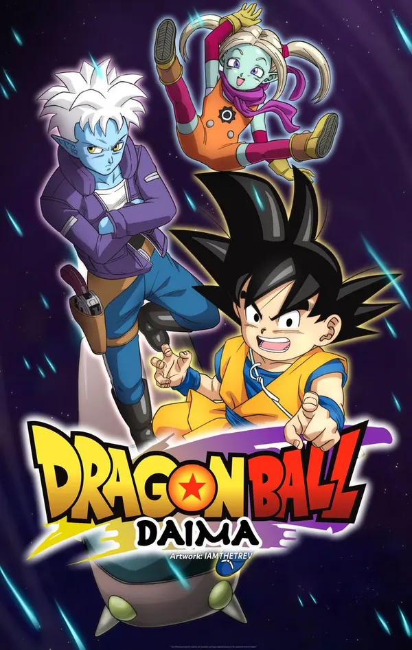 An image featuring three main characters from the Dragon Ball Daima series: a blue-skinned, white-haired male character in a purple jacket on the left; a small, floating female character with yellow hair at the top; and a child version of Son Goku in a blue and orange gi on the bottom right. The title "DRAGON BALL DAIMA" is displayed prominently at the bottom of the image. The artwork is credited to IAMTHETREV.