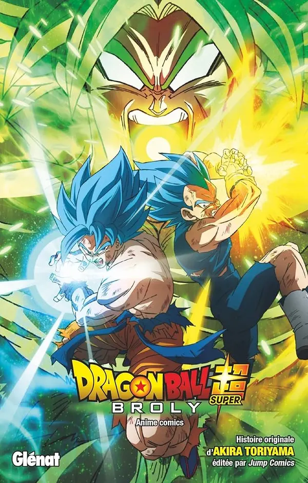 Cover art for the Dragon Ball Super: Broly anime comic, featuring Goku and Vegeta in Super Saiyan Blue forms fighting in the foreground, with a large, looming image of Broly's face in the background. 