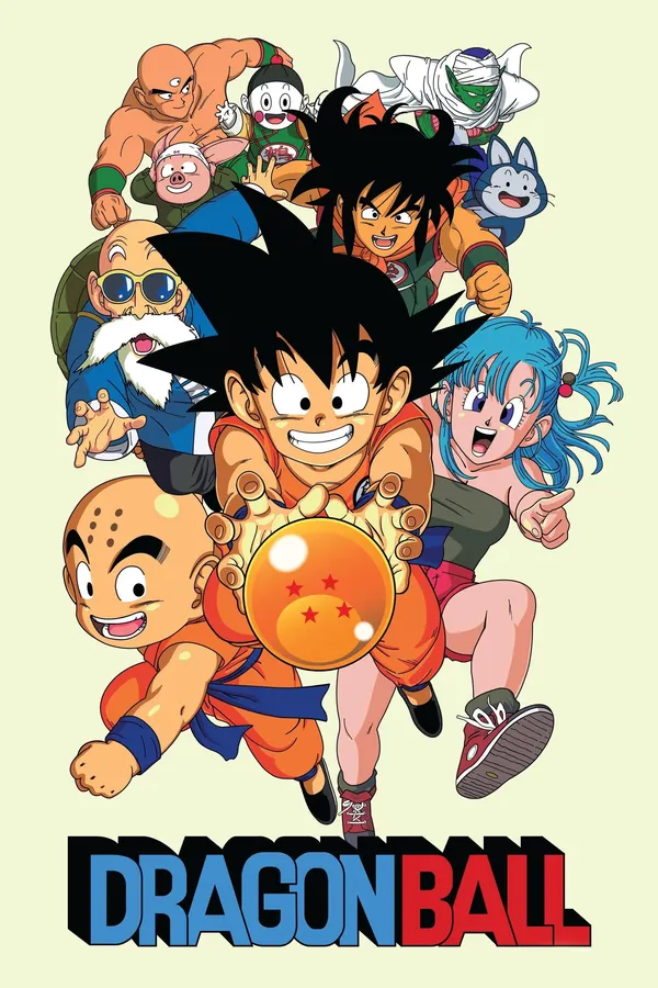 A vibrant, vertical illustration featuring main characters from the Dragon Ball anime series. 