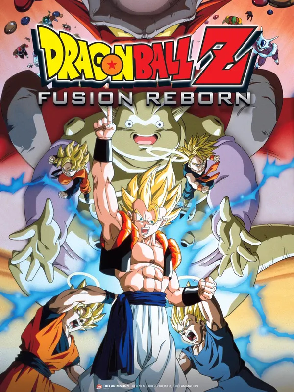 The image is the cover art for the 12th Dragon Ball Z movie, titled Dragon Ball Z: Fusion Reborn. The poster features: Central Character: Super Saiyan 3 Goku standing prominently in the foreground. Other Heroes: Super Saiyan 2 Vegeta is visible at the bottom right, and another character (Gotenks) is seen in the upper background. Antagonist: A large, monstrous character named Janemba is in the background, with his hands reaching forward. Title: The title "DRAGON BALL Z FUSION REBORN" is displayed at the top of the poster.