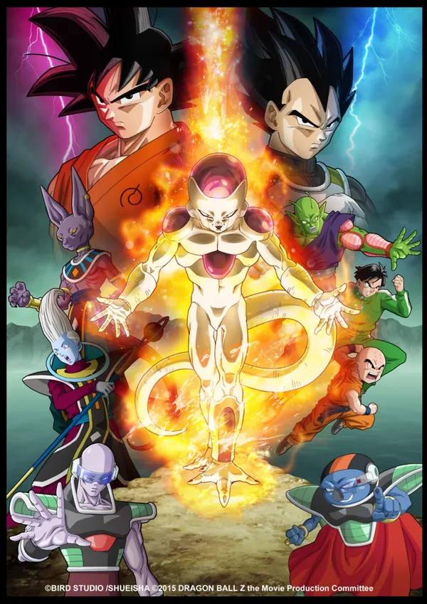A vibrant, action-packed movie poster for Dragon Ball Z: Resurrection 'F', featuring several main characters. Central Figure: In the center, the villain Frieza is depicted in his final, golden form, emanating a bright, fiery aura. Main Heroes: Above Frieza are the protagonists, Goku and Vegeta, both with serious expressions and surrounded by blue and purple lightning, indicating their Super Saiyan Blue forms. Supporting Cast: Various supporting characters are visible around the central figures, including Beerus, Whis, Piccolo, Krillin, and Gohan. Overall Tone: The poster uses dynamic lighting and intense colors to convey a sense of epic confrontation and high stakes for the film. 
