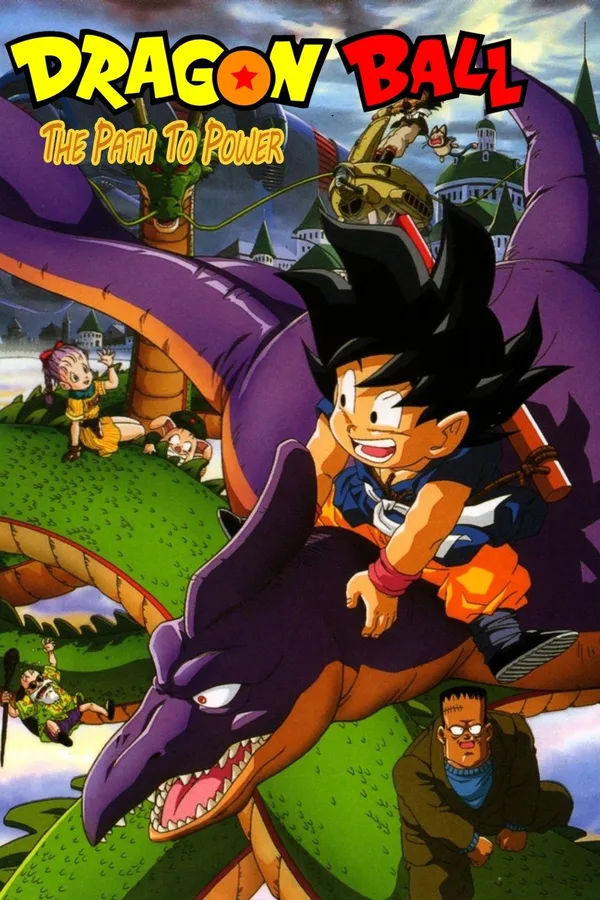 The movie poster for 'Dragon Ball: The Path to Power', featuring young Goku riding a large purple creature, with Bulma, Yamcha, and other characters in the background.