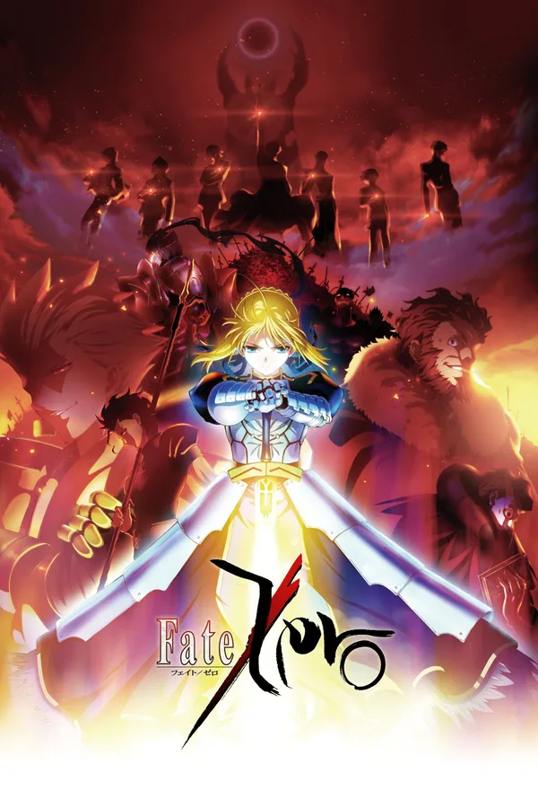 A dramatic anime poster for the series Fate/Zero, featuring the main character Saber in the foreground with other characters in a fiery background.