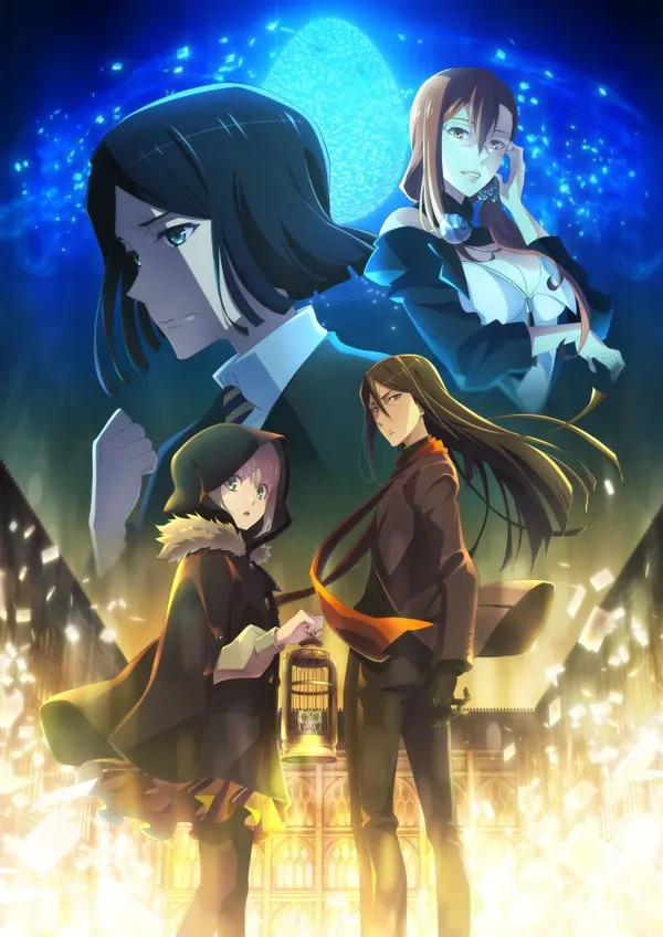 A key visual for the anime series Lord El-Melloi II's Case Files: Rail Zeppelin Grace Note, featuring four main characters against a blue and gold background.