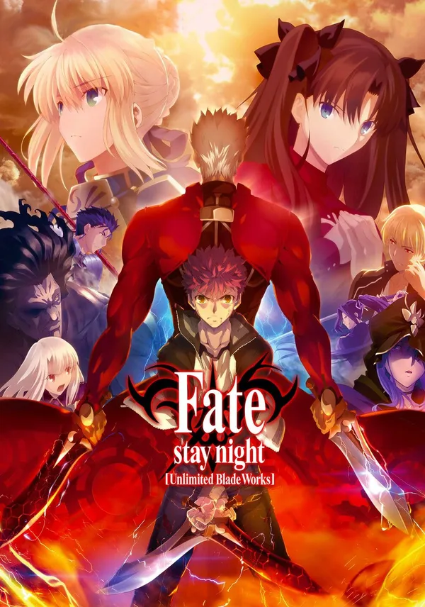Description: The image is a promotional poster featuring multiple characters from the anime series. Central Figures: In the foreground, the main protagonist, Shirou Emiya, is centered in a smaller form, surrounded by a larger, red-clad figure (Archer) from behind, both holding large swords. Background Characters: To the left, Saber, a blonde female character, is featured prominently, while the female protagonist, Rin Tohsaka, a dark-haired character, is on the right. Overall Scene: The background is a bright, fiery orange and yellow sky, suggesting an intense battle or a significant event. Title: The title "Fate stay night [Unlimited Blade Works]" is visible at the bottom center of the image. 