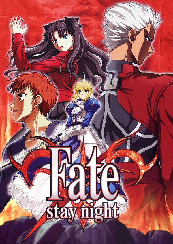 Cover art for the anime Fate/stay night, featuring four main characters: Shirou Emiya, Rin Tohsaka, Saber, and Archer.