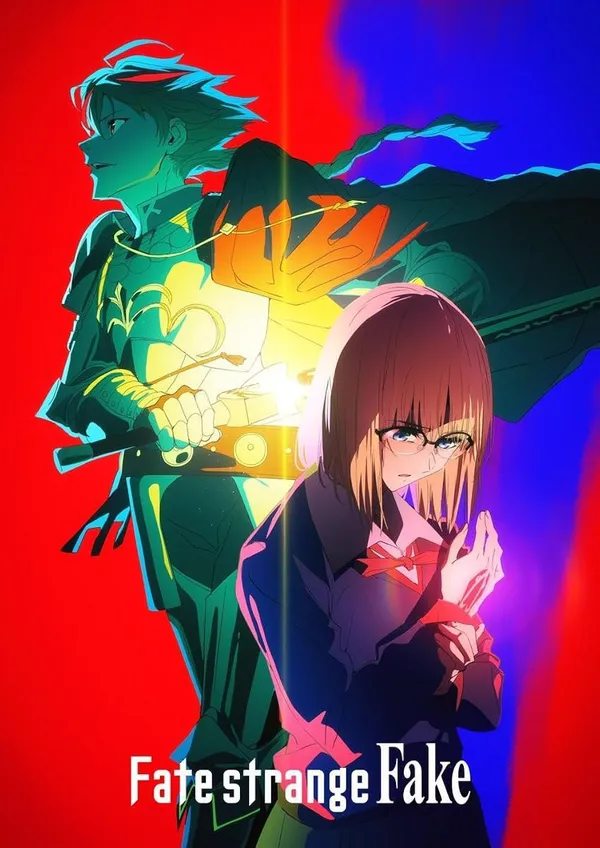 A promotional image for the anime Fate/strange Fake featuring two main characters, a male character in the background with a cape and a female character with short hair and glasses in the foreground, against a background split between bright red and blue lighting. The title "Fate/strange Fake" is written at the bottom.