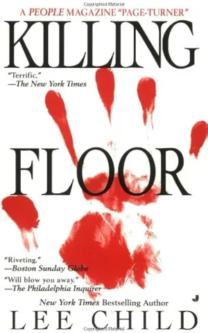 The book cover for Lee Child's novel Killing Floor, which features the title in large black letters and a large, red, bloody handprint overlapping the word 'FLOOR'.
