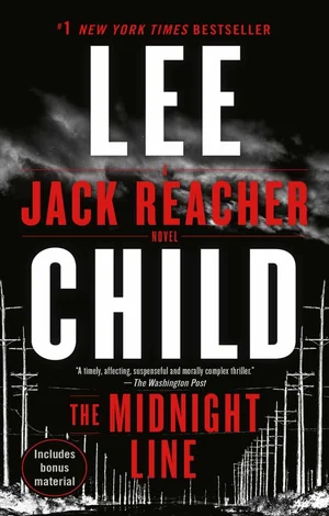 The cover features large text for the author's name, "LEE CHILD", and the title, "THE MIDNIGHT LINE", against a dark background with power lines visible below a cloudy sky. Additional text includes a "Washington Post" quote and a note about bonus material.