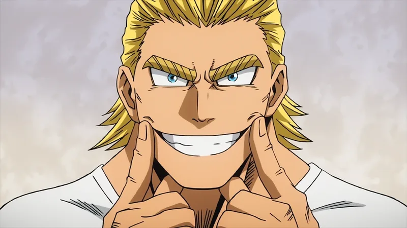 A close-up anime illustration of the character All Might from My Hero Academia, smiling widely with his index fingers pushing up the corners of his mouth.