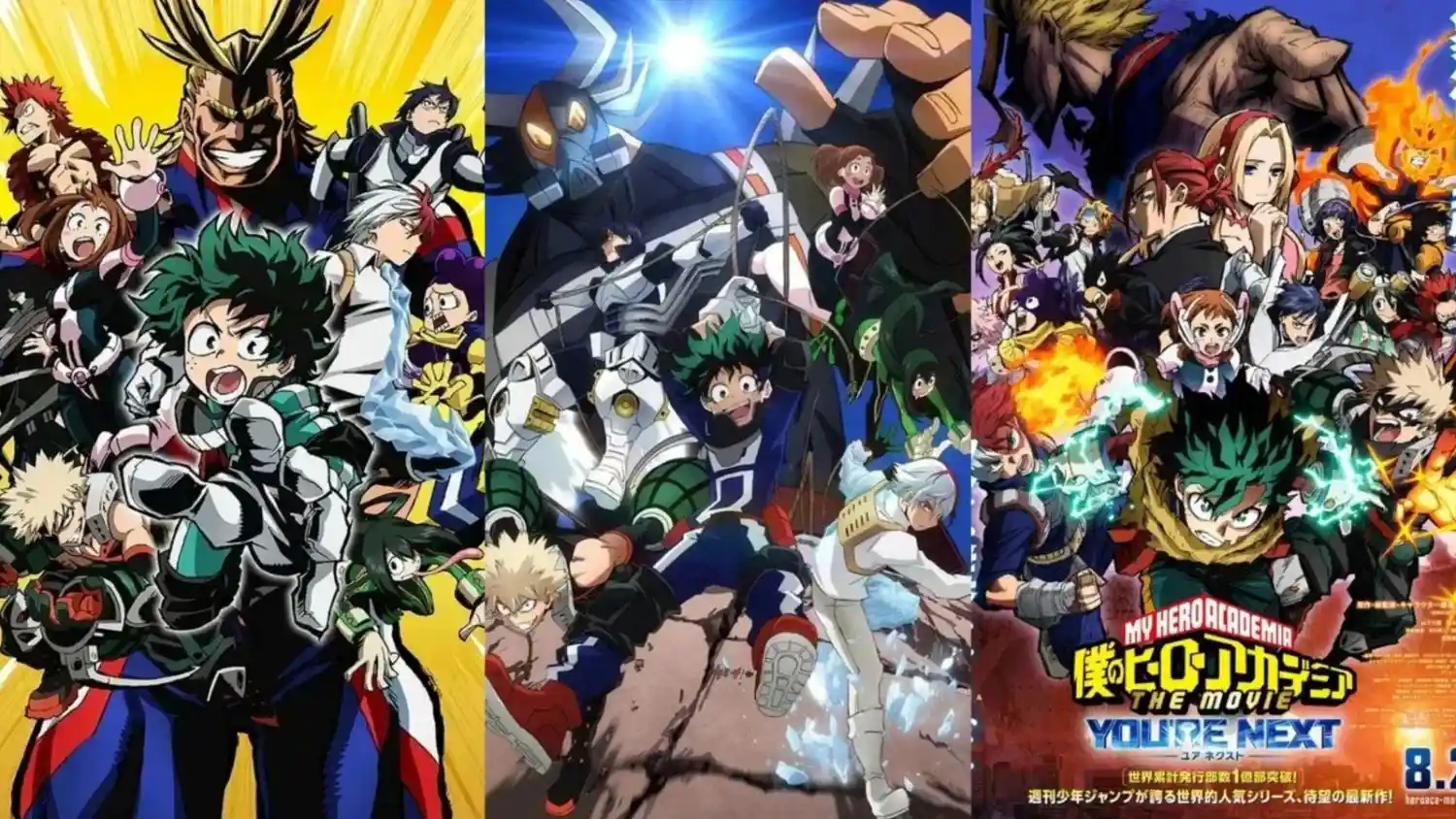 A collage of My Hero Academia Season 1, OVA, and You're Next movie
