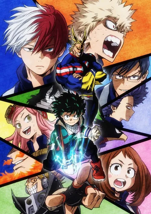 Description: A promotional poster featuring main characters from the anime series My Hero Academia. Central Character: Izuku Midoriya (Deku) is featured prominently in the center foreground, glowing with power. Other Characters: The image is a collage of close-ups and mid-shots of various characters, including Shoto Todoroki and Katsuki Bakugo at the top, All Might in the center, Tenya Iida, Hitoshi Shinso, Fumikage Tokoyami, Ochaco Uraraka, Mei Hatsume, and Eijiro Kirishima arranged around the central figure. Style: The image uses a dynamic, action-oriented art style with vibrant colors and sharp lines, typical of anime key art.