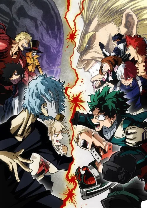 A promotional poster for My Hero Academia Season 3, depicting a confrontation between the heroes on the right and the League of Villains on the left.
