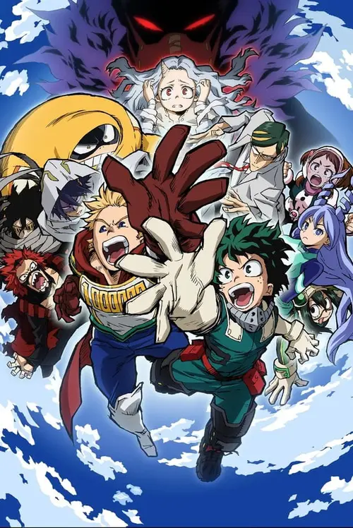 A group of My Hero Academia characters, including Izuku Midoriya and Mirio Togata, reaching forward with Eri in the background.