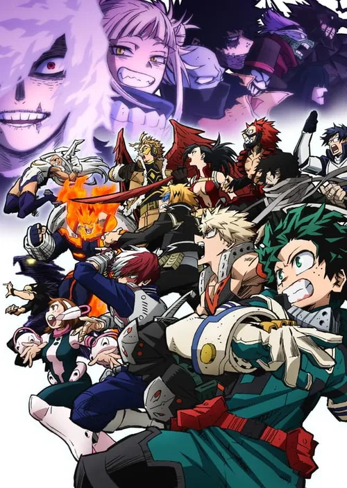 A dynamic ensemble key visual for the 6th season of the anime My Hero Academia. The image features numerous main characters, both heroes and villains, in action poses. The foreground is dominated by heroes like Izuku Midoriya (Deku), Katsuki Bakugo (Dynamight), and Shoto Todoroki. The background features prominent villains including a large image of Tomura Shigaraki and Himiko Toga. The composition suggests an intense conflict between the two groups.