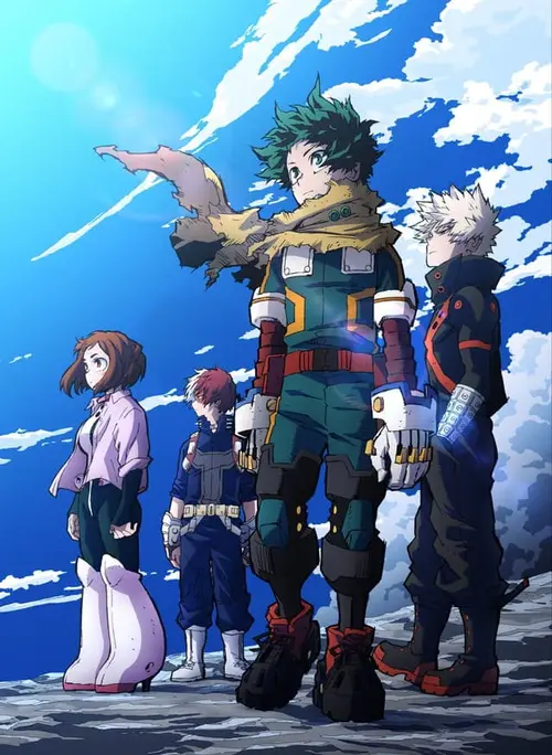 Promotional art for the anime series My Hero Academia, showing five main characters standing on a rocky terrain against a bright blue sky. From left to right: Ochaco Uraraka, Shoto Todoroki, Izuku Midoriya (Deku) wearing a torn yellow scarf, and Katsuki Bakugo. They are all in their hero costumes and looking up and away.