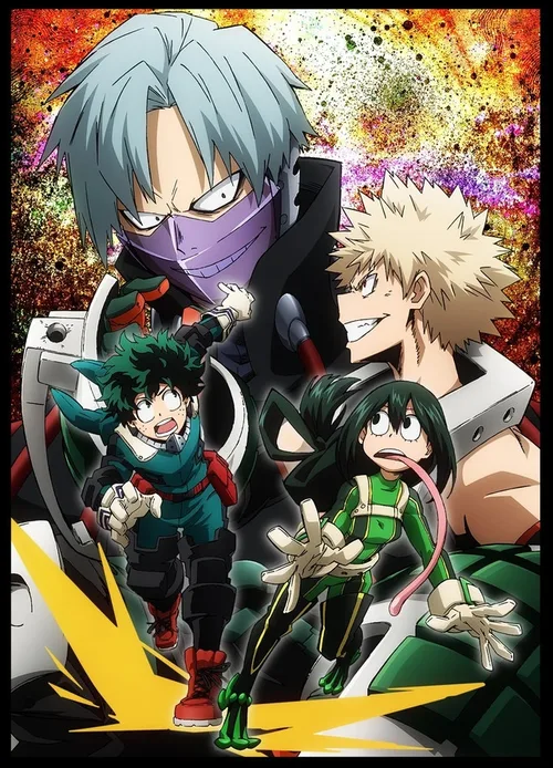 An image featuring four characters from the anime series My Hero Academia. The main characters are Izuku Midoriya (green hair, green suit), Katsuki Bakugo (spiky blond hair, white and black suit), and Tsuyu Asui (green hair, green suit, long tongue out). A large villain character with light purple hair and a mask is positioned behind them. The background is a splatter of various colors.