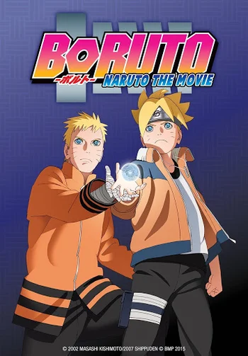 Promotional image for Boruto: Naruto the Movie showing the characters Naruto Uzumaki and his son, Boruto Uzumaki. Both are wearing orange jackets; Boruto holds a glowing blue orb in his right hand, which Naruto touches with his own right hand.