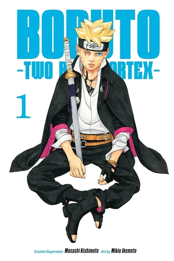 Cover art for the manga 'Boruto: Two Blue Vortex, Vol. 1', featuring the character Boruto Uzumaki sitting and holding a sword.