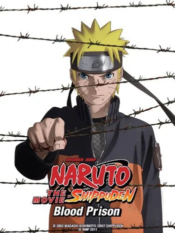 Promotional poster for Naruto Shippuden the Movie: Blood Prison, featuring the character Naruto Uzumaki behind barbed wire.