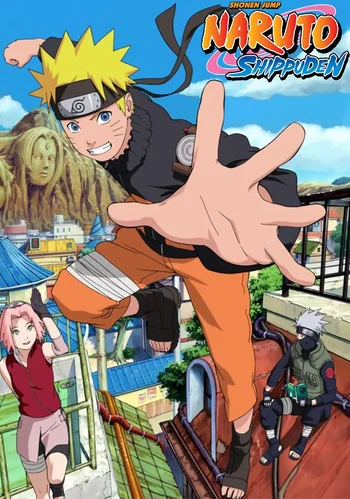 A colorful anime poster for Naruto Shippuden featuring the main characters. In the foreground, Naruto Uzumaki, a young man with spiky blonde hair and an orange and black outfit, reaches his hand towards the viewer with a wide smile. To the left, Sakura Haruno, a young woman with pink hair, waves. In the background on the right, Kakashi Hatake, a man with silver hair covering one eye and a mask covering his face, stands in his ninja gear. Behind them are buildings of the Hidden Leaf Village and the large stone faces of the Hokage monument. The logo "SHONEN JUMP NARUTO SHIPPUDEN" is in the top right corner.