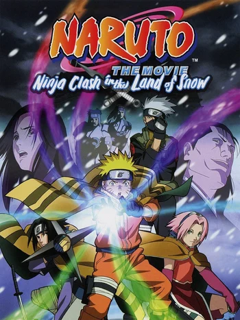 The image is the cover for the 2004 animated action-adventure film, which revolves around Naruto and his teammates on a mission to protect an actress named Yukie Fujikaze. The cover art features: Central Character: Naruto Uzumaki is at the center, glowing with chakra, in a dynamic pose. Team 7: Sakura Haruno is on the right, and Sasuke Uchiha is on the left. Supporting Characters: Kakashi Hatake and other characters are visible in the background against a snowy backdrop. The title "NARUTO THE MOVIE Ninja Clash in the Land of Snow" is prominently displayed in bold, colorful text at the top of the cover.
